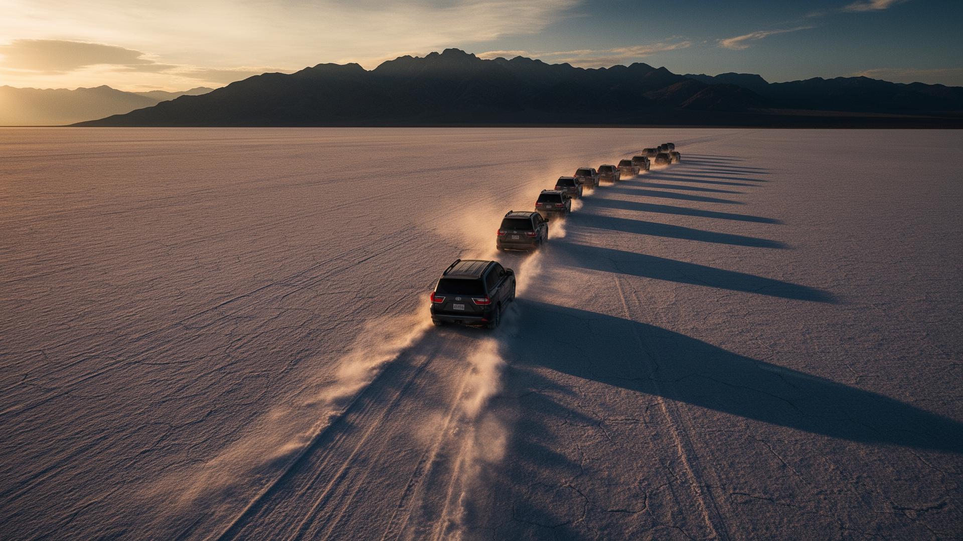 Convoy of SUVs driving across salt flats at sunset